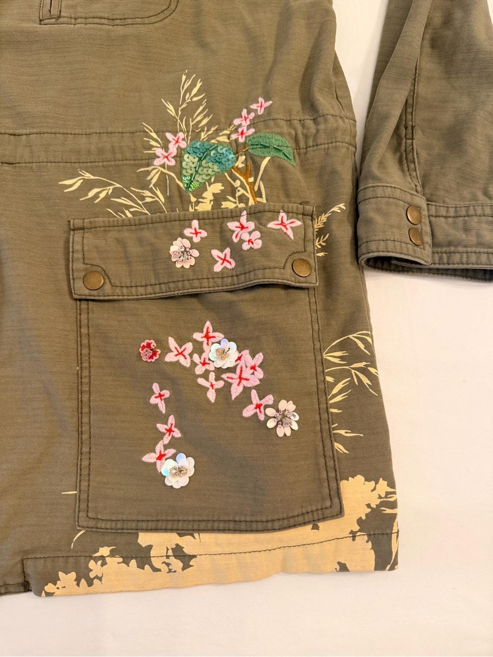 Anthropologie Olive Green Embroidered Beaded  Floral Utility Shacket Size XL - Picture 7 of 15